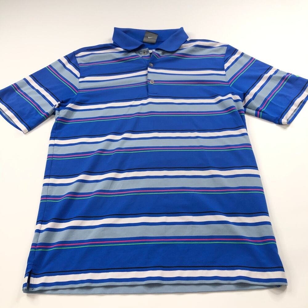 Nike Golf Dri Fit Small Mens Stretch Golf SS Button Polo Striped Shirt Blue